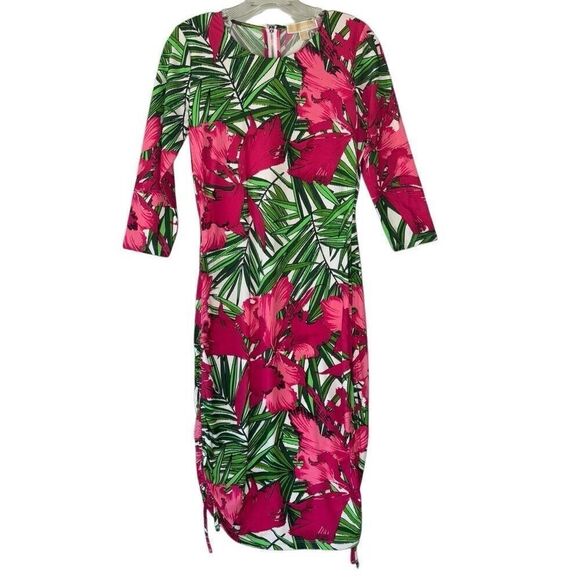 MICHAEL Michael Kors Floral Fuchsia Green Print Bodycon Ruched Dress Women Sz4 - Picture 2 of 10